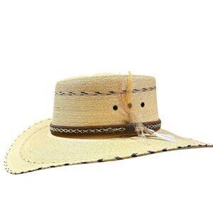 Sahuayo Handwoven Palm Leaf Straw Western Hat with Feathers Size 7 1/4